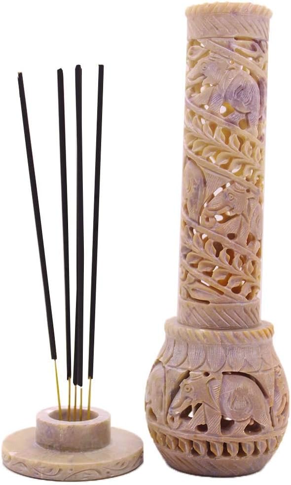 Carry Me Hand Carved Soapstone Incense Stick Holder | Candle Burner | Tea Light Stand. Elephant Jaali Carving Bottle Shape. Decorative Home and Kitchen Decor - (3x3x10.5 Inches) - Bloomnest