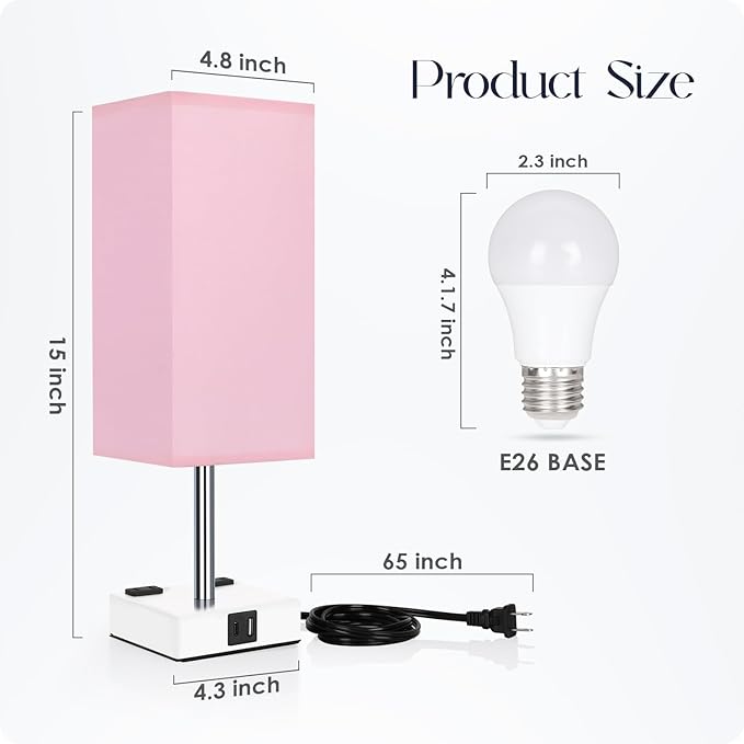 Bedside Lamp with USB Ports - Touch Control Table Lamp for Bedroom with USB C+A Charging Ports & AC Outlets, 3 Way Dimmable Nightstand Light with White Base for Living Room (LED Bulb Included, Pink) - Bloomnest