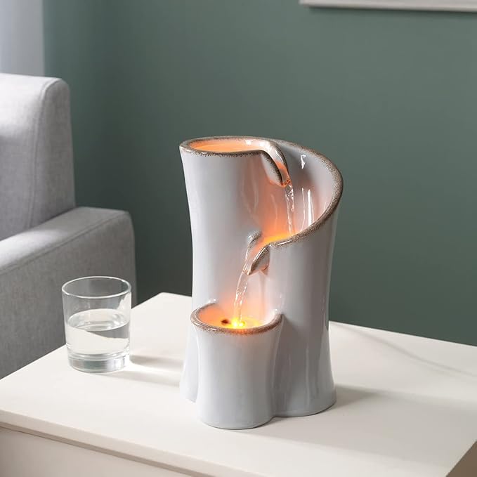 Haobos Indoor Water Fountain Imitation Ceramics Appearance Tabletop Fountain Relaxation Desktop Waterfall w/ 3 Reflective led, 9.8 Inch Tall Fountain (Grey) - Bloomnest