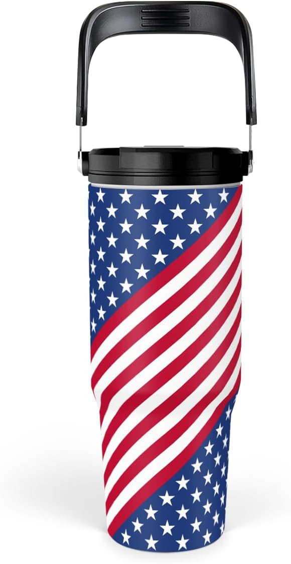 SANDJEST American Flag Tumbler with Handle 30oz, Stainless Steel Insulated Flip Straw Tumblers Coffee Travel Mug Cup, USA America Gifts for Women Men for Birthday Christmas - Bloomnest