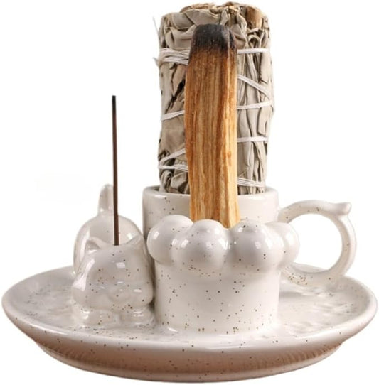 4 in 1 Casual Cat Incense Burner,Sage Holder Palo Santo Sticks Holder,Smudge Stick Ash Catcher Tray for Meditation Yoga Room (White B) - Bloomnest