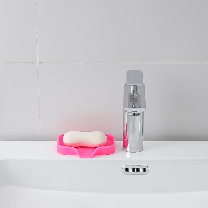 Silicone Bathroom Soap Dishes with Drain Spout-Bathroom and Kitchen Sink Organizer,Sponge Holder,Dish Soap Tray,Perfect for Dispenser,Scrubber,Bottle,Cup on Sink or Counter-Rose 4.9"×3.2" - Bloomnest