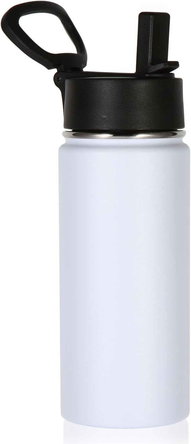 Volhoply Kids Insulated Water Bottle with Straw,16oz Stainless Steel Cold Water Bottles for School,BPA-Free Metal Wide Mouth Cups with Handle Lid,Reusable Double Wall Vacuum Sport Flask(White,1) - Bloomnest