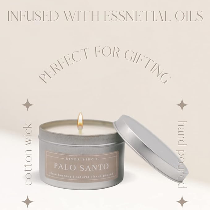 River Birch Premium, All-Natural, Non-Toxic Soy Candles | Palo Santo Scented | 8 oz. Silver Tin Travel Candle | Cozy Relaxing Gifts for Home - Bloomnest