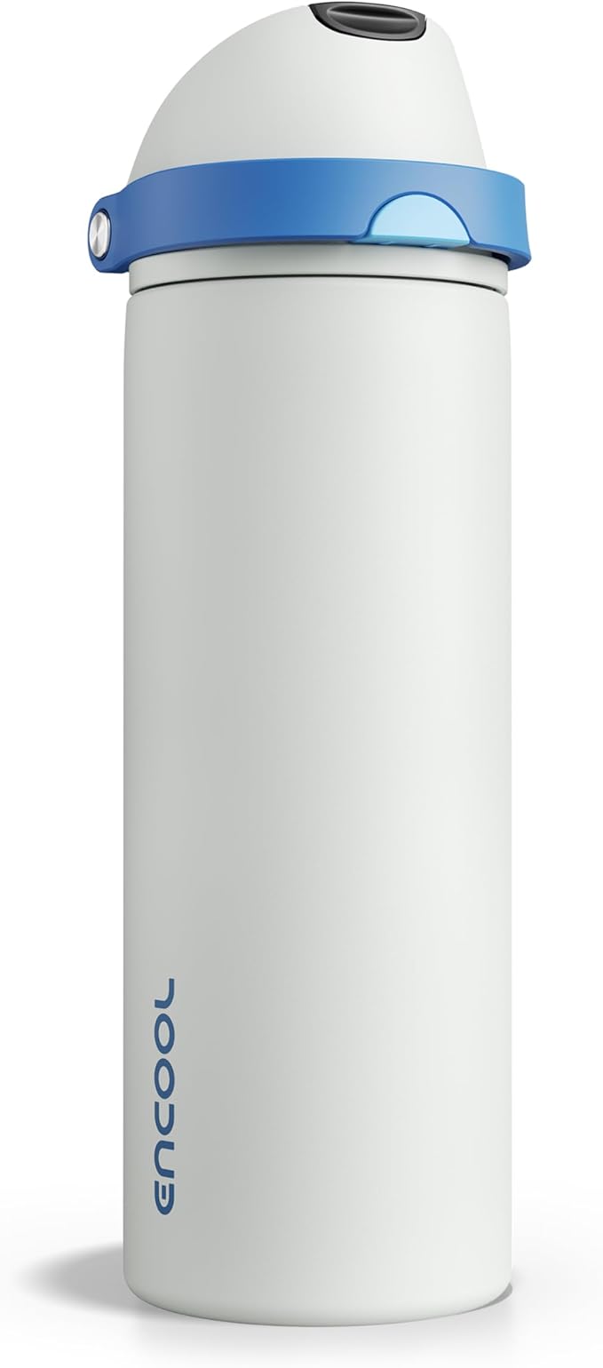 Insulated Water Bottle with Straw - Encool Stainless Steel Water Bottle with Push Button Lid, Leak-Proof & BPA-Free, Keeps Cold for 24 Hours for Sports, Travel, Gym (24 oz, Quill Grey-Blue) ENCOOL