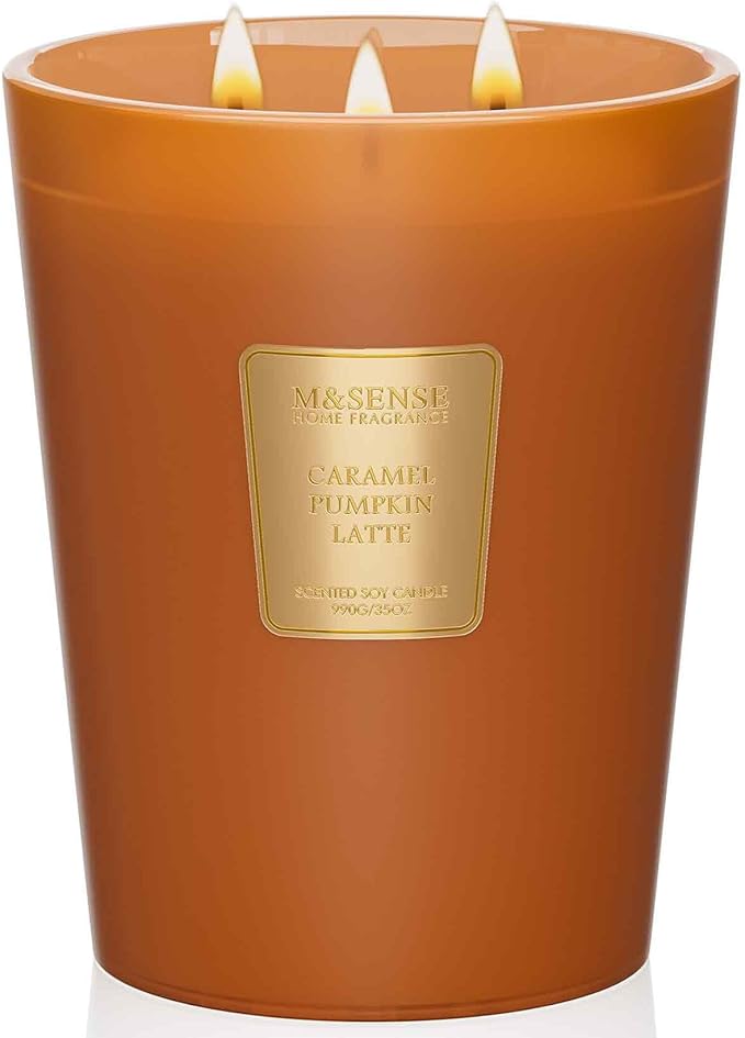 M&SENSE Large Candles Caramel Pumpkin Latte Scented, 3 Wick Natural Soy Candles for Home Scented, 150H Long Lasting Slow Burn Jar 35oz, Home Fragrance Halloween Thanksgiving Christmas Gifts - Bloomnest