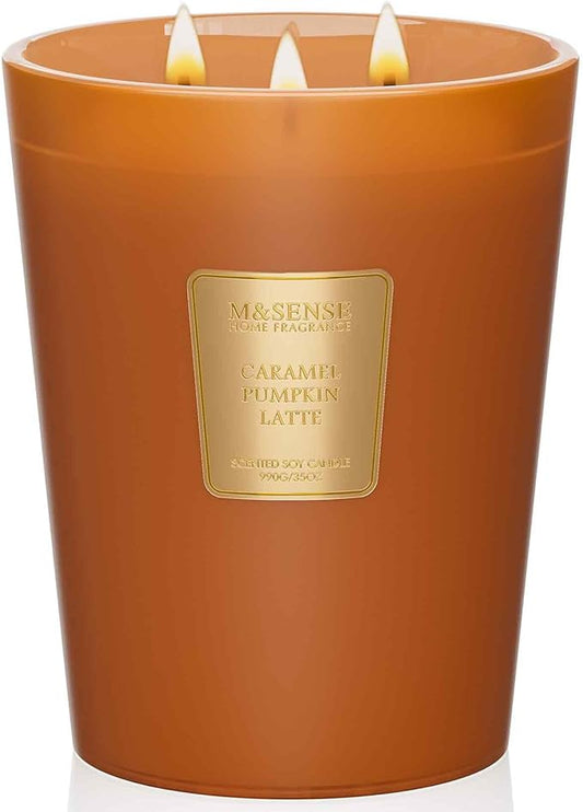 M&SENSE Large Candles Caramel Pumpkin Latte Scented, 3 Wick Natural Soy Candles for Home Scented, 150H Long Lasting Slow Burn Jar 35oz, Home Fragrance Halloween Thanksgiving Christmas Gifts - Bloomnest