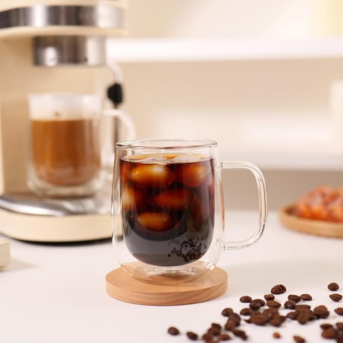 CNGLASS Glass Coffee Mugs 12oz,Double Wall Insulated Mug Set with Handle,Clear Glass Espresso Mugs for Latte,Cappuccino,Tea Bag,Hot and Cold Beverages,Set of 2 - Bloomnest
