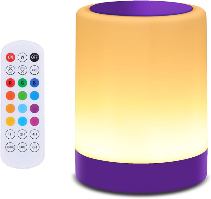 OORUN Touch Bedside Table Lamp,13 RGB Colors & 5 Brightness, USB Rechargeable Desk Lamp, Remote Control Dimmable Night Light with RGB Color Changing,Portable Lamp for Baby, Living Room (Purple) - Bloomnest