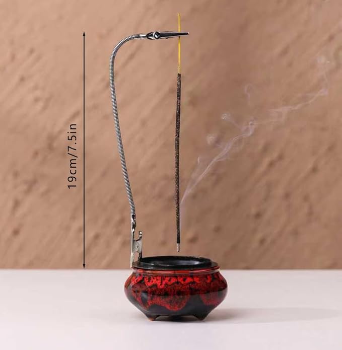 Incense Burner with Calabash Incense Stick Holder - Porcelain Charcoal Censer for Use with Resin Granular Powder Cone or Coil Incense (Fambe Red) - Bloomnest
