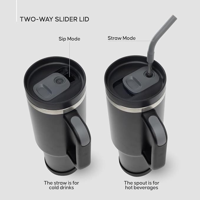 40oz Travel Tumbler Cup with Handle, Two-Way Slider Lid, Stainless Steel Straw with Silicone Tip, Vacuum Insulated Water Bottle for Hot & Cold Drinks, Great Gifts for Mom - Bloomnest