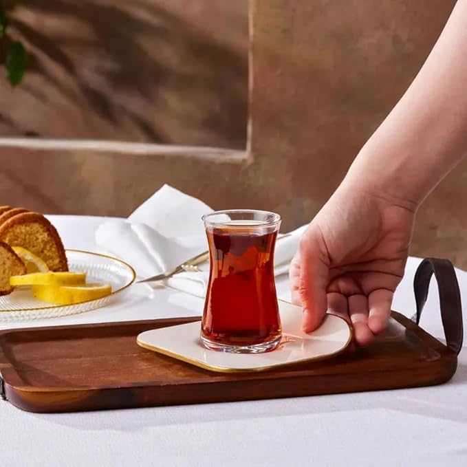 KARACA Retro 12-Piece Turkish Tea Cups for 6 People, 5.58 fl oz Turkish Tea Glasses Set, Durable Glass with Gold Detailing & Cream Color Saucers - Bloomnest