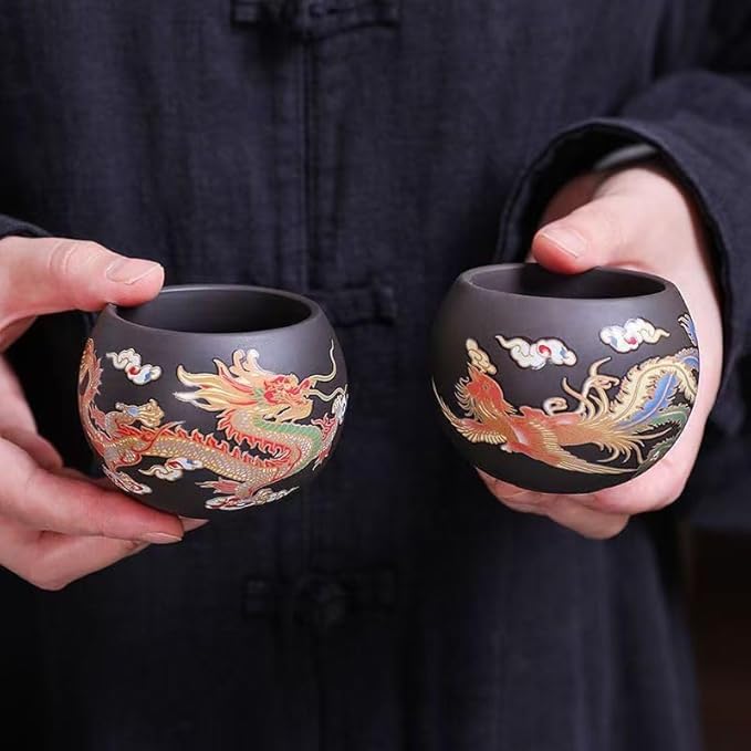 Hand-made Dragon and Phoenix Color-changing Purple Clay Teapot – Chinese Kung Fu Tea Set, Tea Lover’s Gift, Large Capacity (Teapot+2* Teacups) - Bloomnest