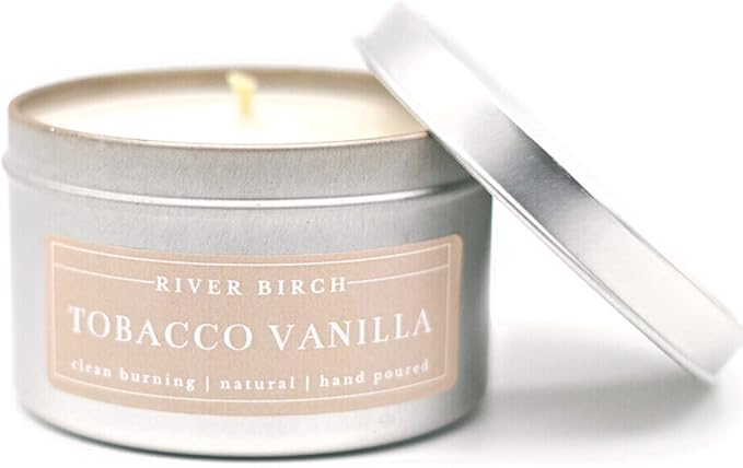 River Birch Candles Tobacco Vanilla Scented Candle | Premium, All-Natural, Non-Toxic, Soy Candles | 8 oz. Silver Tin Travel Candle | Cozy Relaxing Gifts for Home - Bloomnest