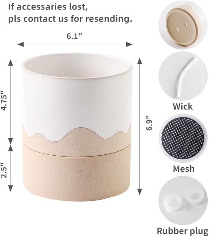 Nihow Self Watering Plant Pot: 6 Inch Ceramic Planter with Drainage Hole & Water Storage Plus for Indoor & Outdoor Plants - Cylinder Round Flower Pot for Succulent/Herbs/Violets - White & Nature - Bloomnest