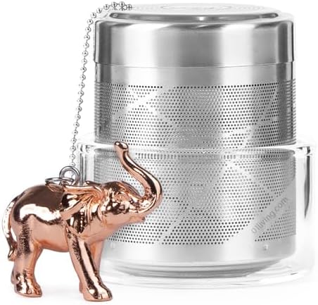 Elephant Tea Infuser Stainless Steel with Rose Gold Charm - Animal Tea Ball Strainer, Cute Reusable Loose Leaf Infuser w/Clip Chain & Glass Holder Gift for Tea Lovers