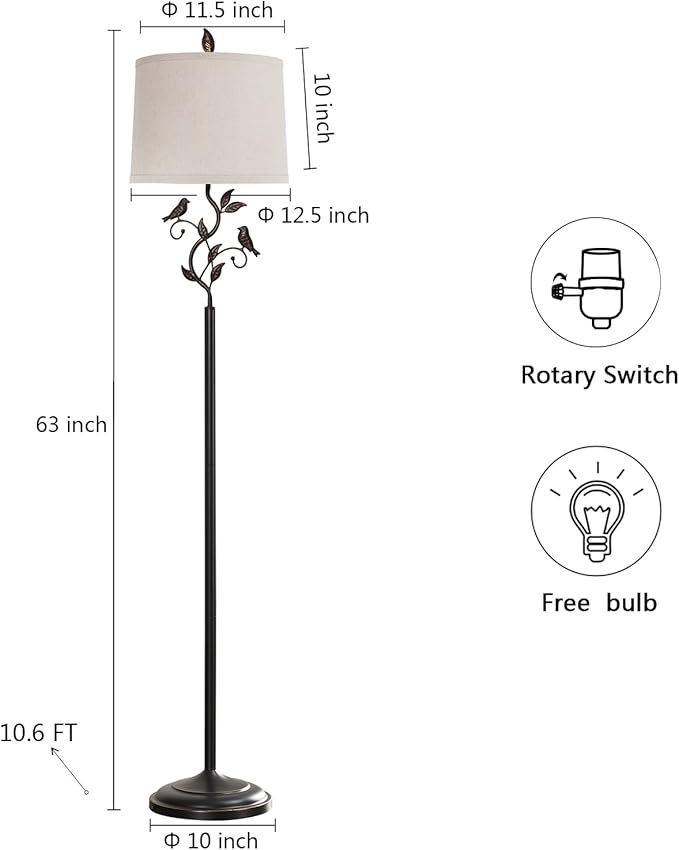 RORIANO 63" Rustic Leaf Floor Lamp for Living Room, Unique Bird Tall Standing Lamp with Rotary Switch, Vintage Floor Lamps for Bedroom Study Room, Bulb Included - Bloomnest