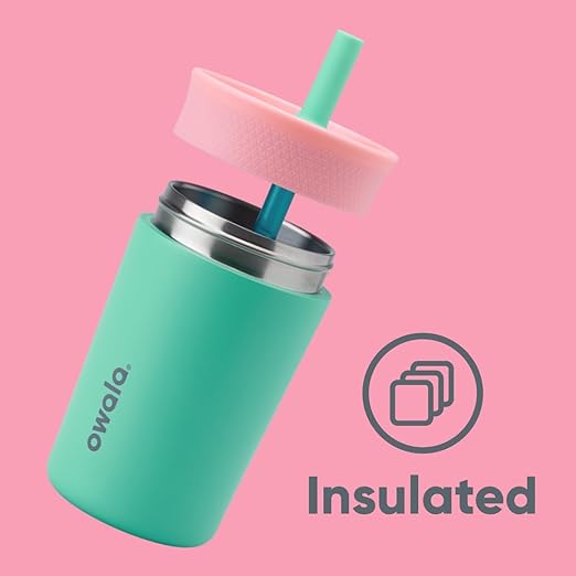 Owala Kids Insulation Stainless Steel Tumbler with Spill Resistant Flexible Straw, Easy to Clean, Kids Water Bottle, Great for Travel, Dishwasher Safe, 12 Oz, Pink and Teal (Real Cool Fish) - Bloomnest