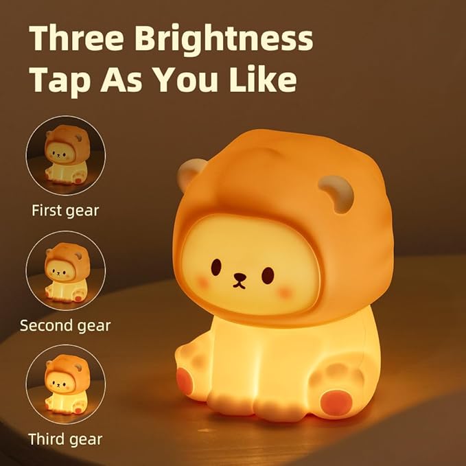 Cute Lion Night Light for Kids, Rechargeable Nursery Lamp with Timer, 3 Brightness Levels & Warm Light, Soft Silicone Baby Night Light, Tap Control, Gift for Toddlers - Bloomnest
