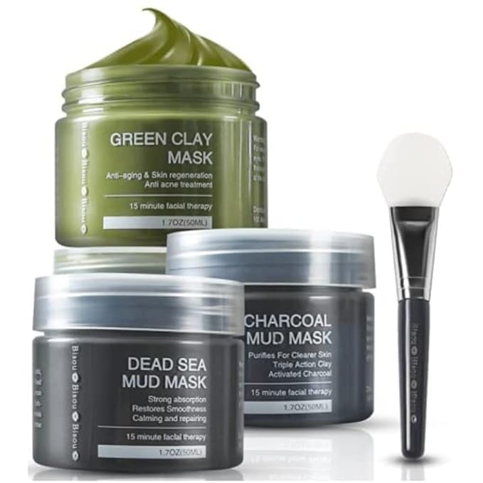 Clay, Dead Sea Mud & Charcoal Gel Face Mask Trio With Applicator, Deep cleansing Clay and Mask Applicator, Facial Therapy PH Balanced Hypo-allergenic - Bloomnest