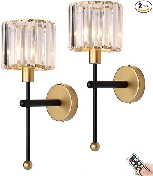 Modern Glass Crystal Wall Sconces Battery Operated Set of 2, Gold Rechargeable Wall Lights with Remote,Non Hardwired Clear Wall Lighting Fixture Black for Bedroom Bathroom Living Room Porch - Bloomnest