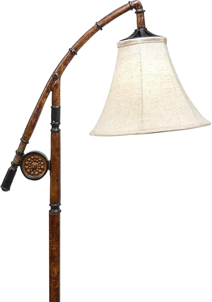 BLACK FOREST DECOR - Fishing Pole Floor Lamp with Linen Shade, Cast Resin Construction - Vintage Lakeside Style - 19" W x 63" H - Bloomnest