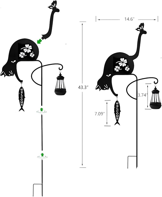 Solar-Powered Black Cat&Fish Garden Decor Stakes - Metal Silhouette Figurine for Outdoor Yard, Lawn, and Patio Decoration(Cat&Fish) - Bloomnest