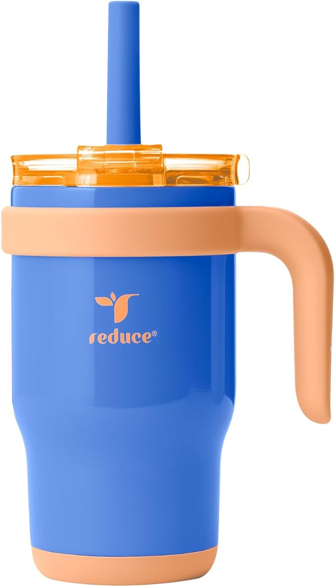 REDUCE 14 Oz Coldee Kids Tumbler with Lid and Straw - Coldee Insulated Travel Mug - Spill-Proof, Sweatproof Stainless Steel, BPA-Free - Includes Handle, Reusable Silicone Straw - Touchdown Blue - Bloomnest