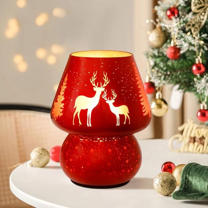 Christmas Battery Operated Mushroom Lamp - Vintage Small Table Lamp with Timer, Cordless Bedside Nightstand Lamp, Glass Battery Powered Lamp for Bedroom Kitchen Living Room Decor Aesthetic - Bloomnest