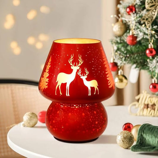 Christmas Battery Operated Mushroom Lamp - Vintage Small Table Lamp with Timer, Cordless Bedside Nightstand Lamp, Glass Battery Powered Lamp for Bedroom Kitchen Living Room Decor Aesthetic - Bloomnest
