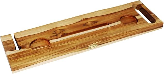 EcoDecors Eleganto 30" Live Edge Solid Teak Bath Caddy Tray with Handle, Book & Tablet Holder, Wine Glass Holders, Luxury Bathtub Tray - Bloomnest
