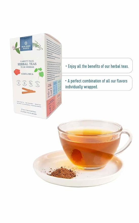 Blue Zones Nicoya - Herbal Tea Sampler Gift Set Box - 10 Lippia Alba & Hibiscus, 10 Chan & Lemon Grass, 10 Burbark & Spearmint, 10 Guava Leaves, 10 Maya Nut & Cinnamon, 10 Green Tea, 10 Black Tea, 10 Chamomile Tea Bags -100% Natural, Organic, and Refre... - Bloomnest