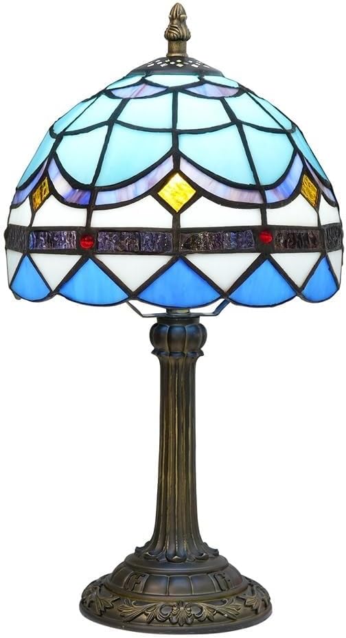 Tiffany Lamp 8 Inch Small Stained Glass Table Lamp Blue Mediterranean Handmade Warm Reading Bedside Lamp Dining Room Bedroom Living Room Office Study Tiffany Style Retro Home Decoration Crafts（feath） - Bloomnest