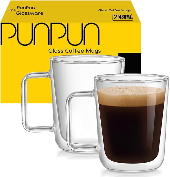 PunPun 16oz.480ml Clear Glass Mugs Large Coffee Mugs, Jumbo Insulated Double Wall Glasses, Premium Glasses Set with Big Handle, Iced Coffee Cup Set of 2 - Bloomnest