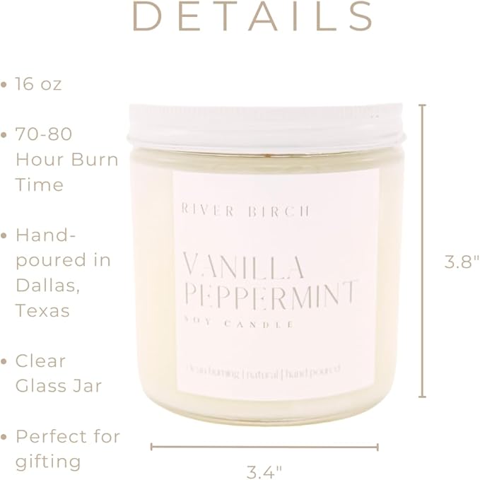 River Birch Candles Vanilla Peppermint Scented Candle | Premium, All-Natural, Non-Toxic, Soy Candles | 16oz 90 Hr Burn Time | Cozy Relaxing Gifts for Home - Bloomnest