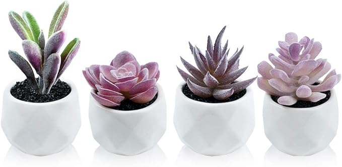 Tiita Purple Artificial Faux Succulents in Pots, Mini Purple Fake Plants for Women Desk, Small Realistic Faux Succulents for Home Office Accessories Window Sill Bathroom Bedroom 4 Set - Bloomnest