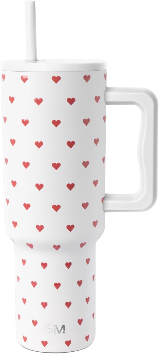 Simple Modern 40 oz Valentine's Day Trek Tumbler with Handle and Straw Lid | Cup Holder Friendly Insulated Stainless Steel Travel Mug | Crimson Hearts SimpleModern
