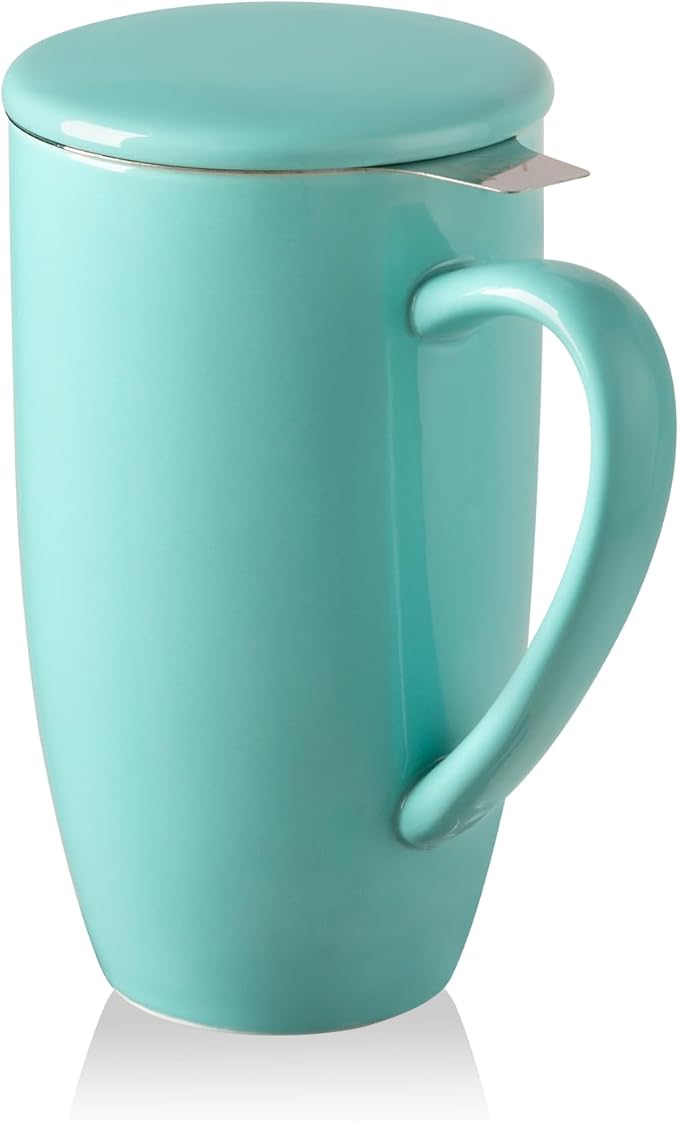 Sweejar Porcelain Tea Infuser Mug with Lid, 20 oz Teacup with Strainers for Loose Leaf Tea, Microwave and Dishwasher Safe Coffee Mug(Turquoise) - Bloomnest