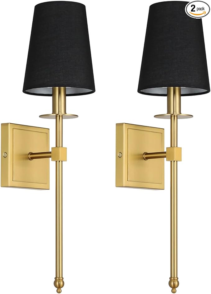 XiNBEi Lighting Wall Sconces Set of 2, Hardwired Brushed Brass Sconce Lighting with Black Fabric Shade Modern Wall Mount Light Fixture for Bathroom Bedroom Living Room Hallway XB-W1307-BS - Bloomnest