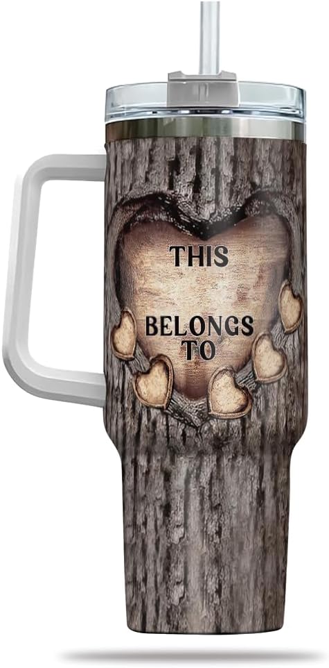 This Daddy Belongs To Personalized Tumbler with Handle, Custom Names Carved Wood Heart 20oz 30oz Stainless Steel Insulated Travel Mug Gift for Dad - Bloomnest