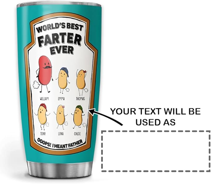 World’s Best Farter Ever Tumbler, 20oz or 30oz Personalized Insulated Stainless Steel Mug, Funny Gift for Dad from Kids, Custom Cartoon Beans with Names, Father’s Day Joke Travel Cup - Bloomnest
