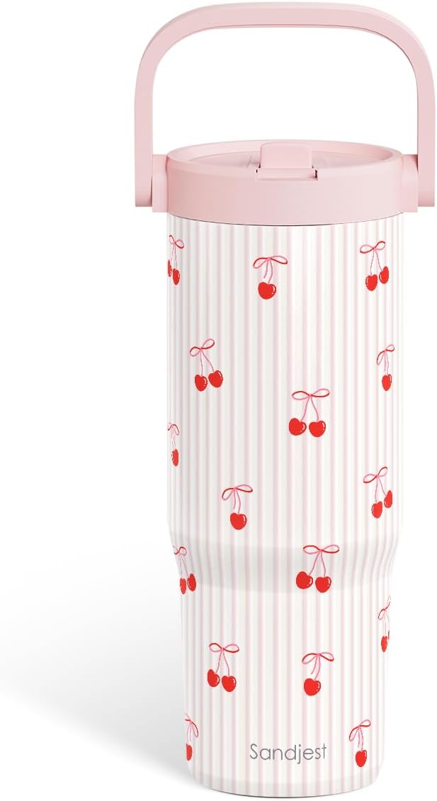 SANDJEST Cherry Stainless Steel Straw Lid Tumbler 30oz with Carry Handle for Women Girls, Aesthetic Insulated Travel Coffee Cup, Gift for Sports Workout Birthday Christmas - Bloomnest
