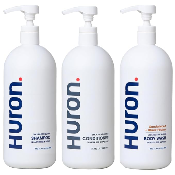 Huron Jumbo Shower Kit - Shampoo, Conditioner, & Body Wash For Men - Sandalwood + Black Pepper Scent - Hydrating & Nourishing Men’s Shampoo & Conditioner (30.3 Oz Each) - Bloomnest