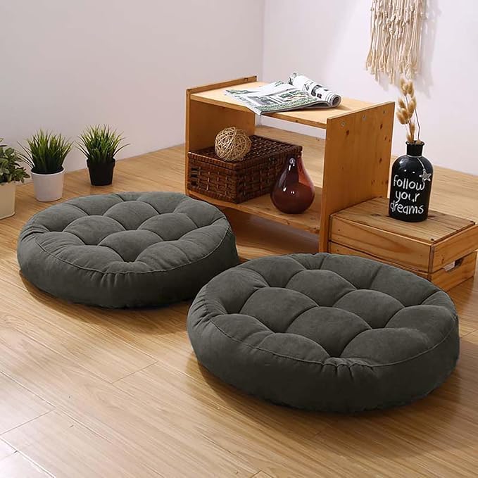 Meditation Floor Pillow Set of 2 Large Round Floor Cushions for Adults Tufted Corduroy Floor Seat Pillows Cushion for Living Room,Dark Grey 16.5" Lx16.5 Wx3 H