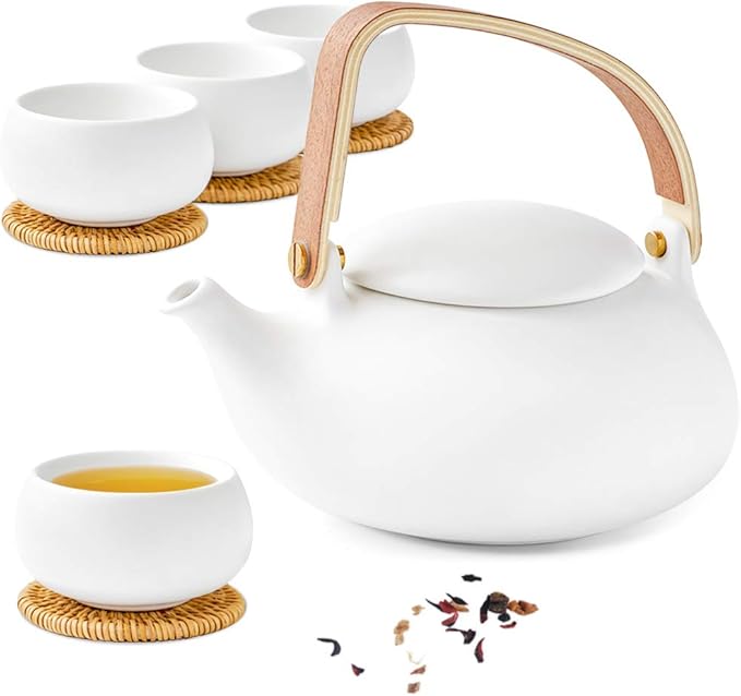 ZENS Modern Japanese Tea Set, 27 oz Ceramic Japanese Teapot with Fine Stainers and 4 Cups for Loose Leaf Tea Steeper, Wood Handle Matte Japanese Teapots Hot Tea Brewer for Tea Party Women Gifts - Bloomnest