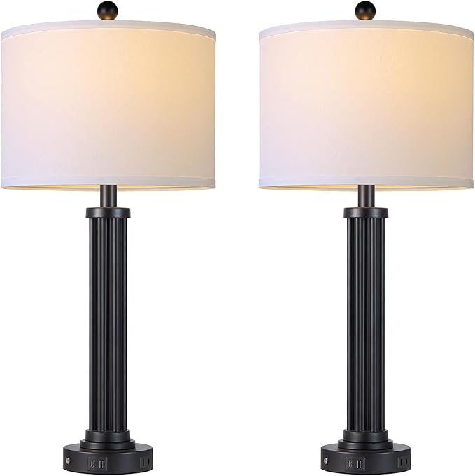 28" Tall Modern Table Lamps Set of 2 with USB C+A Ports and AC Outlet, 3 Way Touch Metal Bedside Lamps for Living Room, Black Nightstand Lamps for Bedroom - Bloomnest