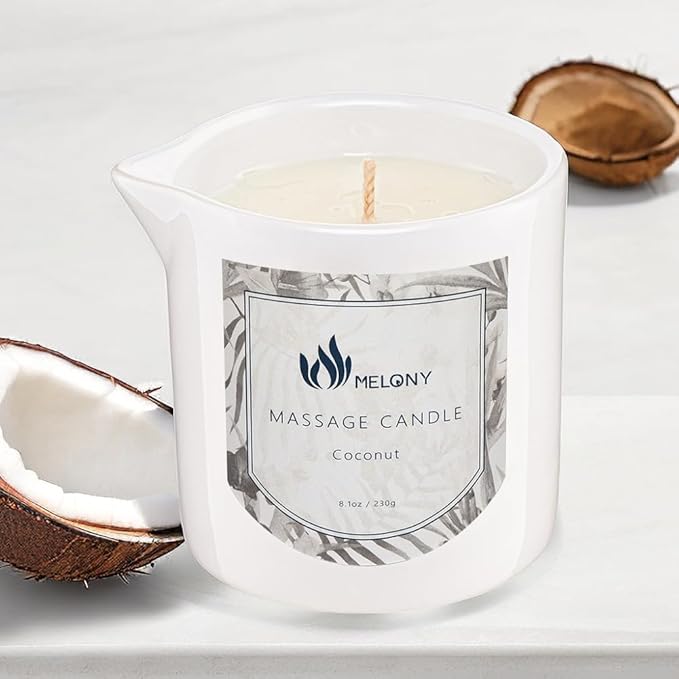 MELONY Soy Massage Oil Candle | Coconut | 8.1OZ / 230G | Perfect Intensive Skin Treatment Candle | Nourishing with Almond Oil, Shea Butter & Cocoa Butter | Massage & Moisturise - Bloomnest