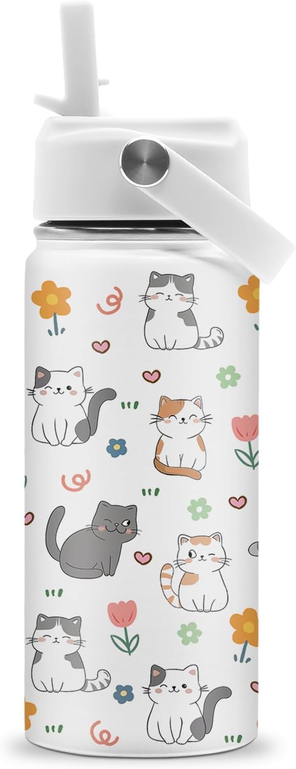 Cat Gifts for Kids, 16oz Cat Water Bottle with Straw Lid, Stainless Steel Insulated Tumbler for Girls, Cats Lovers Present for Kids Teen Girls Boys Women - Bloomnest