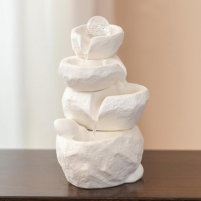 Tabletop Desktop Fountain Waterfall Water Feature Ceramic Indoor Fountain Office Home Decoration (White) - Bloomnest