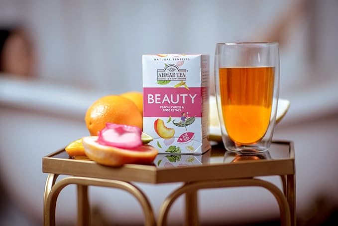 Ahmad Tea Herbal Tea, Peach, Carob, and Rose Petals 'Beauty' Natural Benefits Teabags, 20 ct (Pack of 2) - Decaffeinated & Sugar-Free - Bloomnest